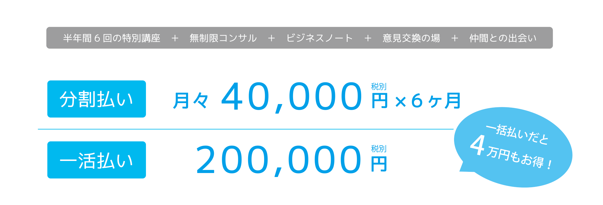 月々４万円×６ヶ月。もしくは20万円一括払い。